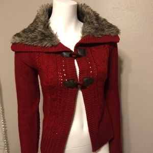 Faux-fur red cable knit cardigan